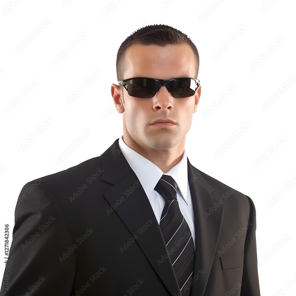 Professional Bodyguard in Sunglasses Gazing Seriously on White Background