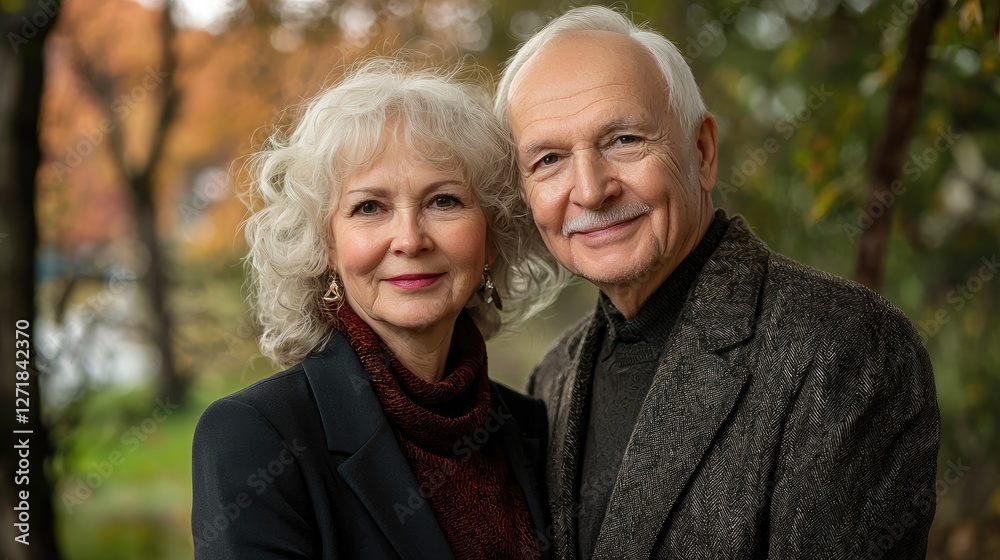 Elegant senior couple embracing outdoors on a beautiful autumn day Elegant senior couple embracing outdoors on a beautiful autumn day