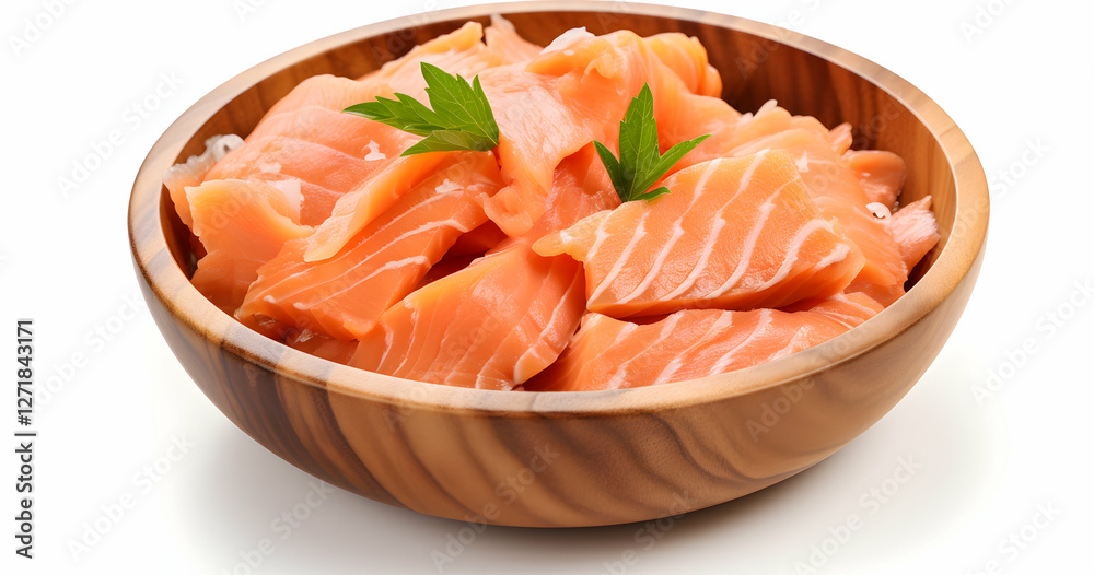 Fresh salmon sashimi served in a wooden bowl with green garnish, showcasing vibrant colors and textures, evokes a sense of gourmet dining experience Fresh salmon sashimi served in a wooden bowl with green garnish, showcasing vibrant colors and textures, evokes a sense of gourmet dining experience