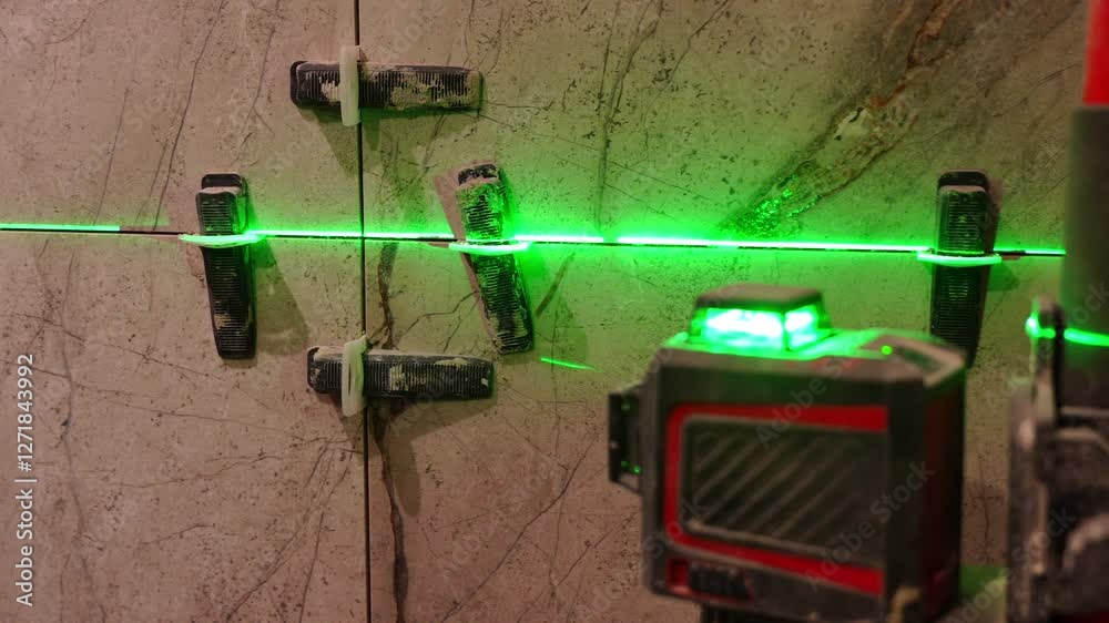 Using a laser level meter that projects green lines onto the walls of the construction site to install ceramic tiles. focus on wall. Using a laser level meter that projects green lines onto the walls of the construction site to install ceramic tiles. focus on wall.