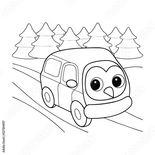 A penguin-shaped van sliding on an icy road for a fun coloring book