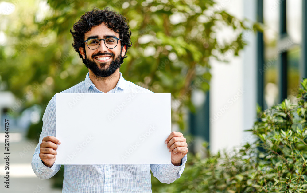 Young man holding blank sign urban park portrait daytime close-up expression Young man holding blank sign urban park portrait daytime close-up expression