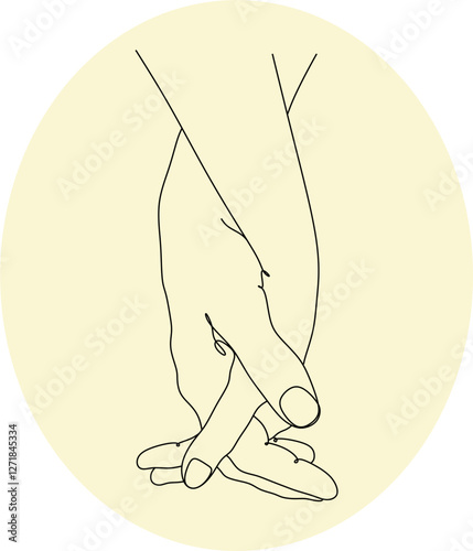 Two hands touching in one line art style isolated on white background. Rescue, help, care icon.