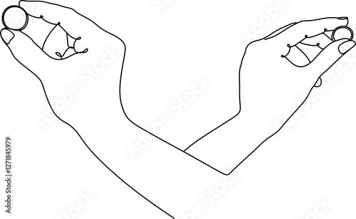 Two hands touch in one line art style with wedding rings .Pomovka, wedding. 