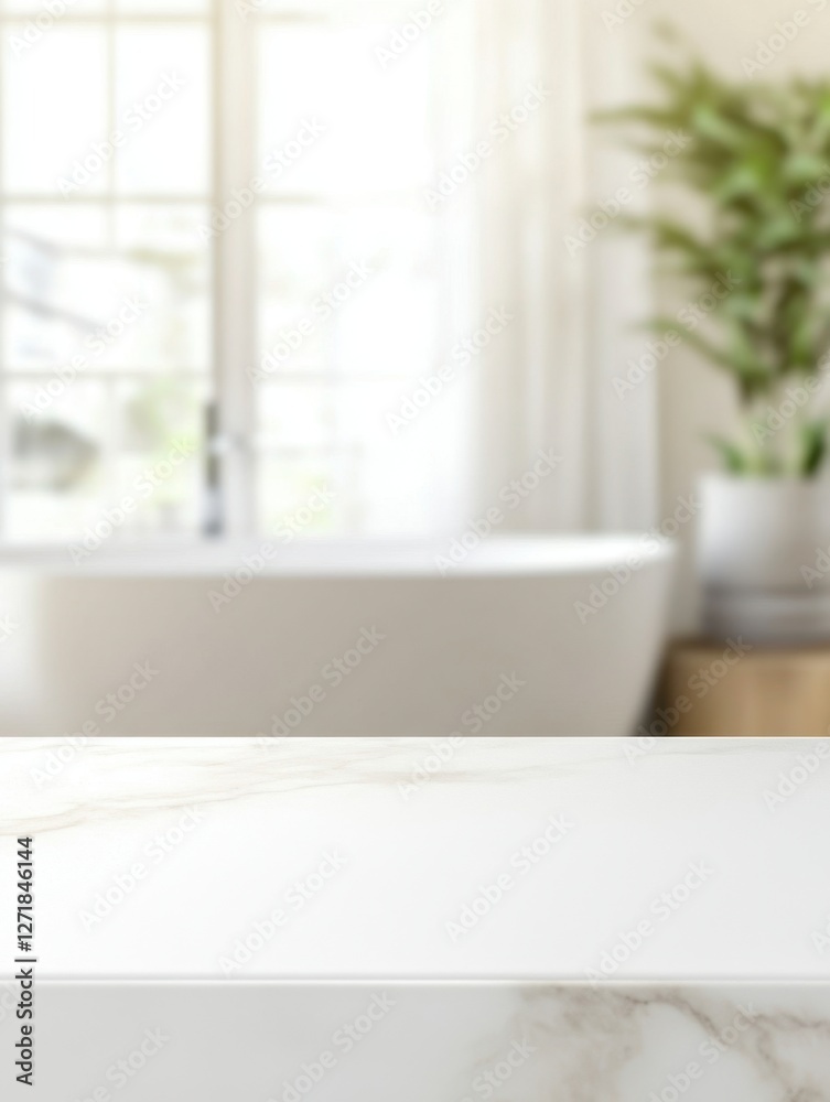 Fototapeta premium Bathroom scene featuring a counter in the foreground and a bathtub and window in the background