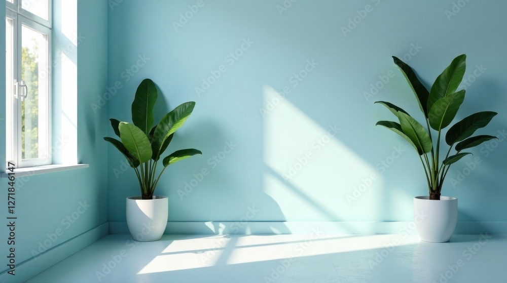Serene Minimalist Room Interior Design with Two Potted Plants and Sunlight Streaming Through Window Serene Minimalist Room Interior Design with Two Potted Plants and Sunlight Streaming Through Window