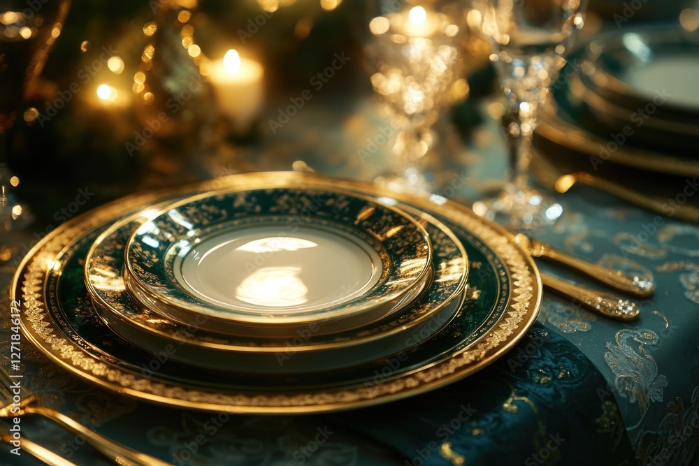 Table Setting Gold Blue Plates Silverware Table Setting Gold Blue Plates Silverware