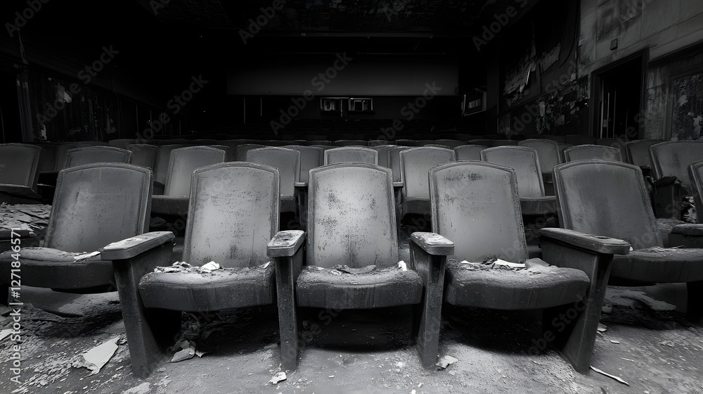 Fototapeta premium Deserted and Decaying Cinema Hall with Worn Vintage Seats
