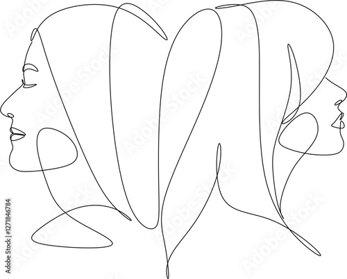 Line drawing of two girls with long hair facing each other with their backs.