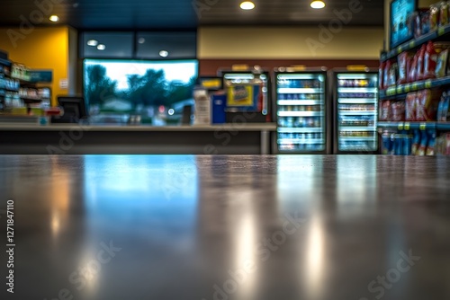 Rectangular Table in Convenience Store with Blurred Coolers in Background at Night