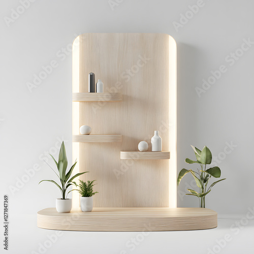 Modern minimalist display shelves contemporary home interior design bright space eye-level aesthetic organization photo