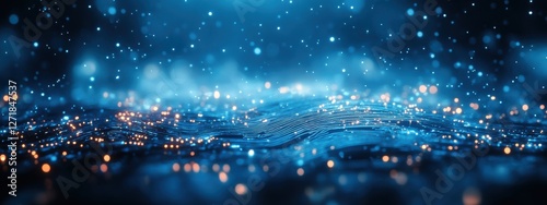 Futuristic blue data stream flowing with light particles
