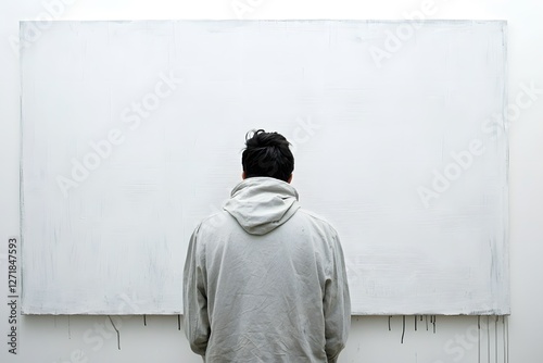 A Contemplative Moment: The back view of a man looking up at a stark white canvas, immersed in thoughtful contemplation, an intriguing scene which invites reflection.