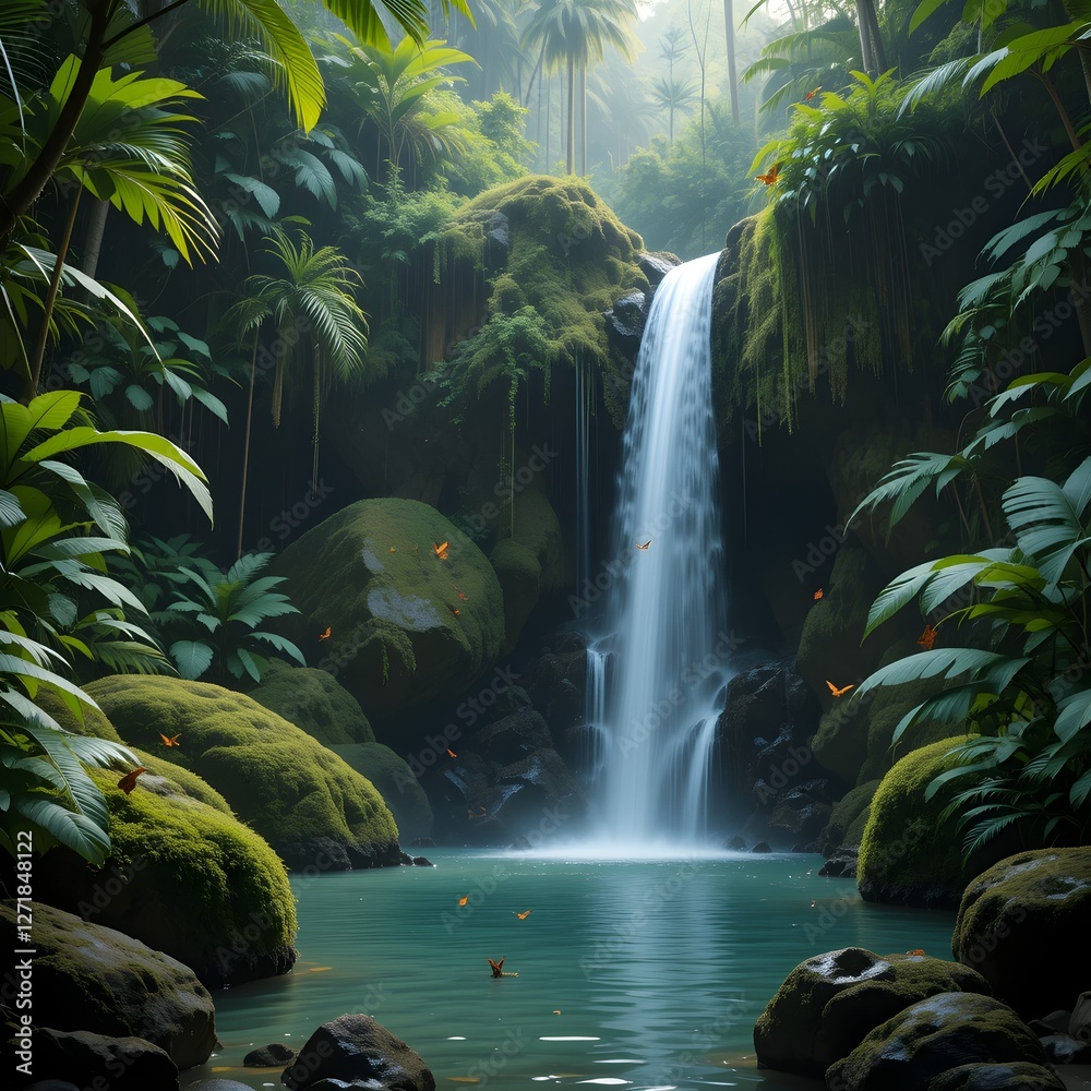 Peaceful Waterfall in the Jungle
A hidden waterfall cascading down moss-covered rocks into a crystal-clear pool, surrounded by dense tropical rainforest. Exotic birds and butterflies flutter around, a Peaceful Waterfall in the Jungle
A hidden waterfall cascading down moss-covered rocks into a crystal-clear pool, surrounded by dense tropical rainforest. Exotic birds and butterflies flutter around, a