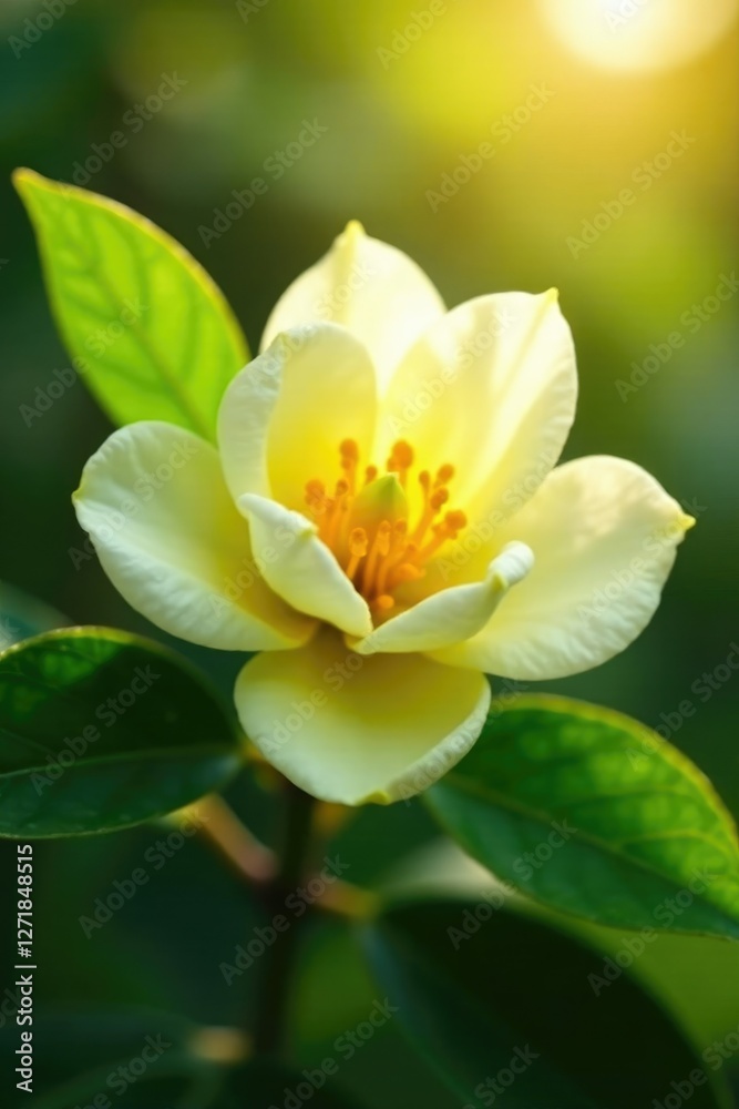 Fototapeta premium Delicate lemon flower petals unfolding in sunlight, lemon tree, nature