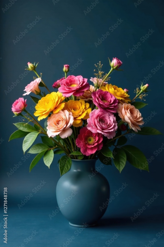 Fototapeta premium Vibrant bouquet of colorful roses and ranunculus arranged in a teal vase against a deep blue backdrop