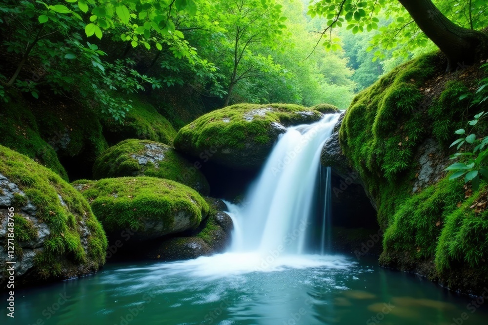 Emerald waters cascade over moss-covered rocks, wild, leaves Emerald waters cascade over moss-covered rocks, wild, leaves