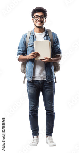 PNG Young Indian man student jeans background backpack.
