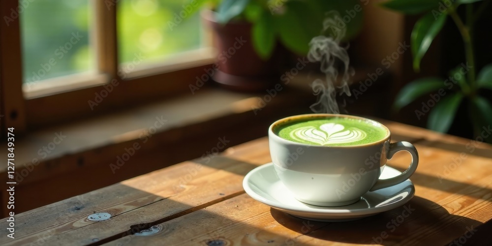 Aromatic Green Tea Latte with Delicate Foam Art on Wooden Table near Window with Sunlight Aromatic Green Tea Latte with Delicate Foam Art on Wooden Table near Window with Sunlight