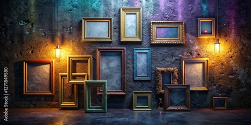 Empty Picture Frames on Gray Wall - Night Photography Stock Photo