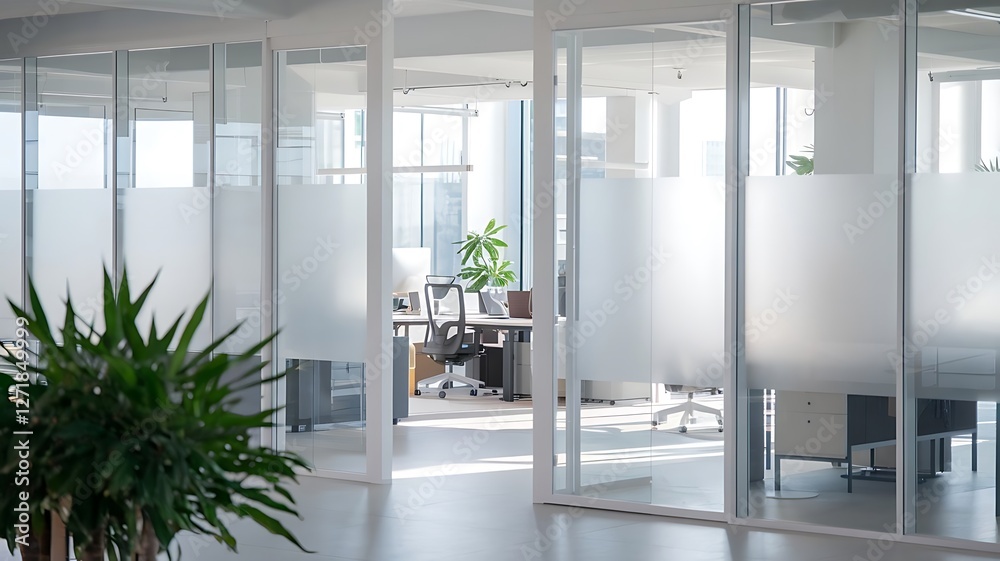 Fototapeta premium Modern office space with frosted glass walls and partitioned meeting rooms, creating a sleek and professional environment.