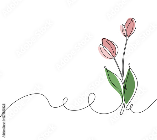 The tulip is drawn in one continuous line manually. Color illustration of delicate pink color, vector. Floral background with an empty space for text. An element for a greeting card, banner, holiday