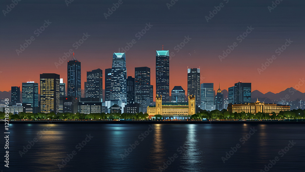 Fototapeta premium Vector illustration of the Yokohama skyline featuring famous landmarks, perfect for travel, business, and tourism design.