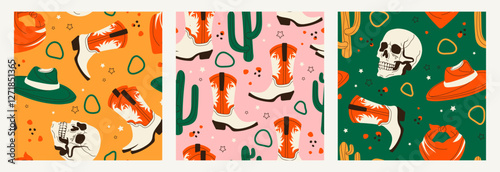 Set of seamless patterns with Wild West elements and squiggles on various backgrounds. Cowboy boots, cactus, human skull, cowboy hat, cowboy bandana. A pattern for design, wallpapers, banners, posters