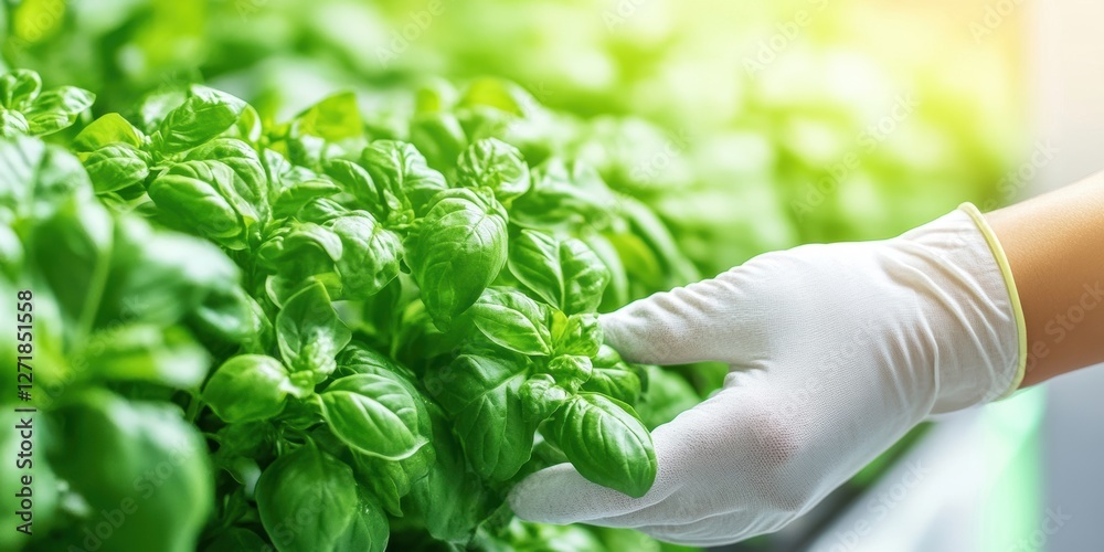 organic indoor farming, a farmer wearing protective gloves inspects fresh basil in a sustainable indoor farm using reduced pesticides, with an automated growing system in the background organic indoor farming, a farmer wearing protective gloves inspects fresh basil in a sustainable indoor farm using reduced pesticides, with an automated growing system in the background