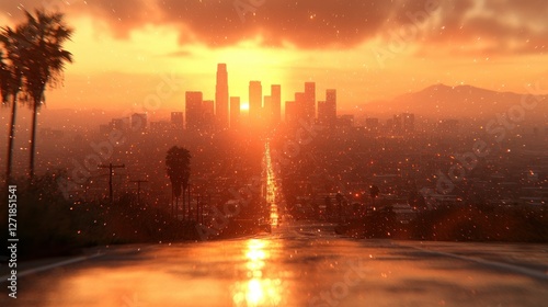 Golden hour LA sunset cityscape view from road photo