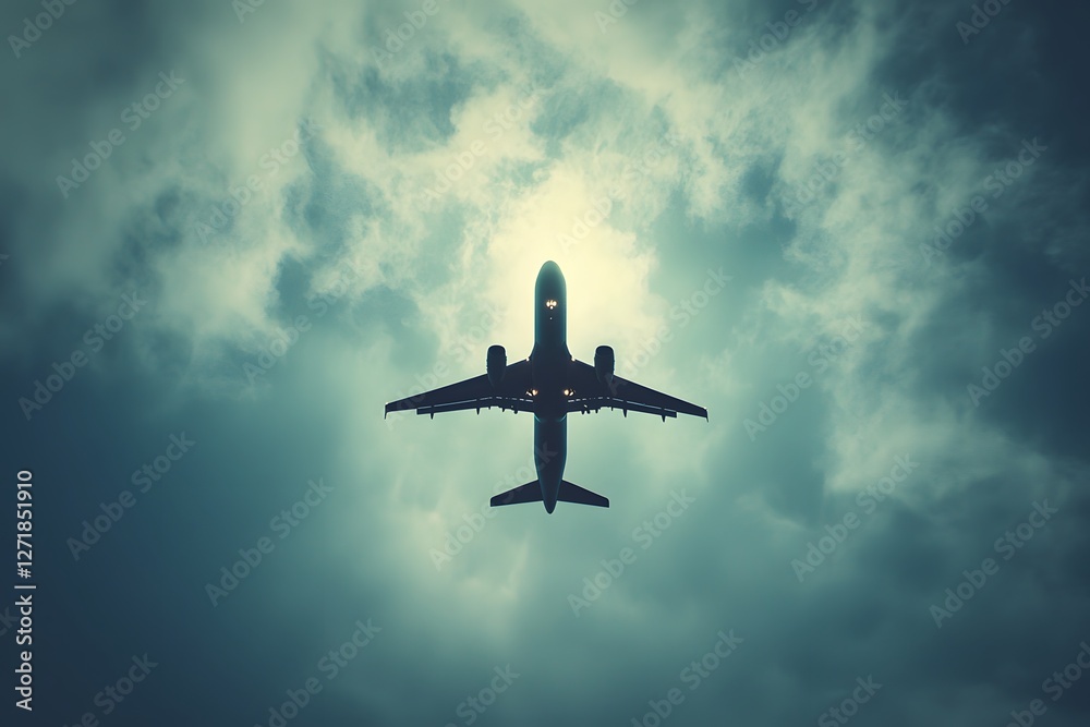 Fototapeta premium Soaring Silhouette: The underside view of a passenger aircraft gracefully traversing a dramatic, cloudy sky, capturing the spirit of adventure and the marvel of flight.