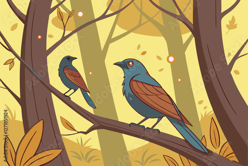  Majestic birds perched on a branch, vibrant blue and russet feathers, golden autumn leaves, magical glowing particles, soft warm light, bokeh effect, ethereal forest scene, photorealistic detail, n