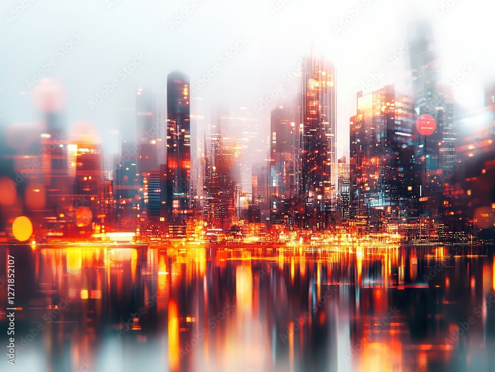 Fototapeta premium Dynamic cityscape at dusk urban skyline reflective water aesthetic view modern technology