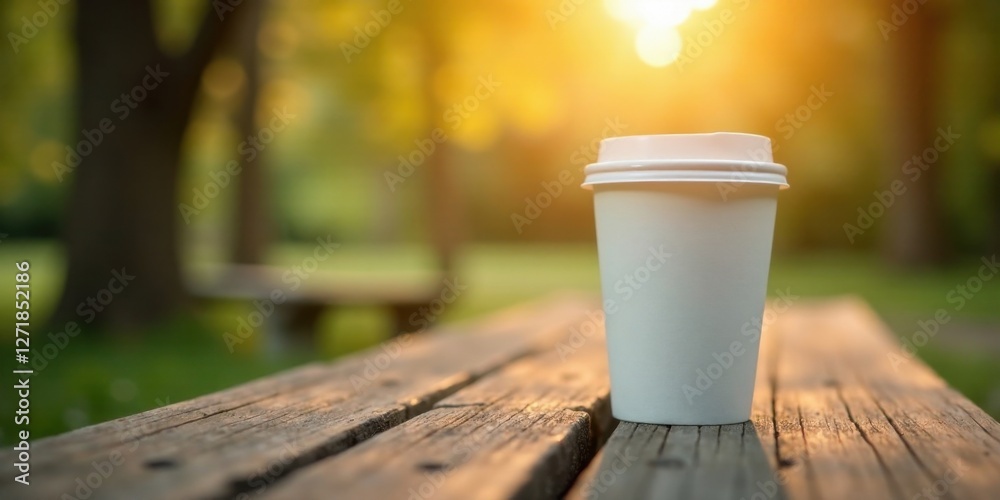A disposable cup of hot beverage sits on a weathered wooden park bench, bathed in the warm glow of the setting sun, offering a moment of tranquil outdoor relaxation. A disposable cup of hot beverage sits on a weathered wooden park bench, bathed in the warm glow of the setting sun, offering a moment of tranquil outdoor relaxation.