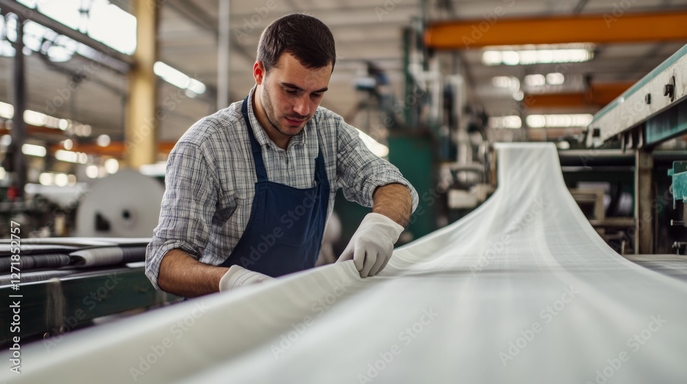 A US textile factory worker checking fabric quality, isolated on white, A US textile factory worker checking fabric quality, isolated on white,