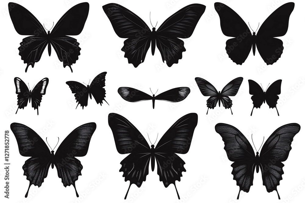 Fototapeta premium Minimalist butterfly silhouettes in various poses, black and white isolated on a transparent background