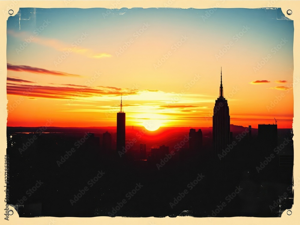 Naklejka premium Vintage-style poster with a distorted cityscape at sunset, vintage style, gritty atmosphere