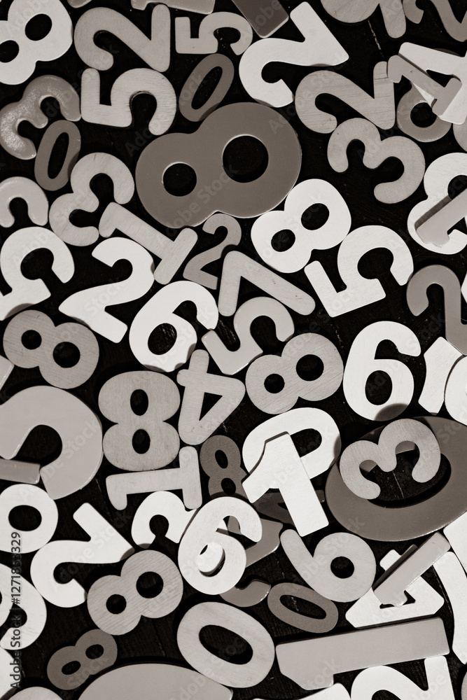 Fototapeta premium Abstract Mathematical Numbers on a black and white Background. Finance and Data Concept. Futuristic Digital Design. Cyber Tech Theme