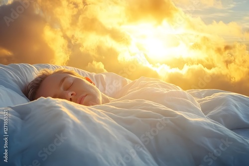 Dreamscape: A tranquil scene of a person sleeping soundly, nestled in soft bedding against a breathtaking backdrop of a radiant, sunlit sky. Evokes a sense of peace, rest, and the beauty of dreams.