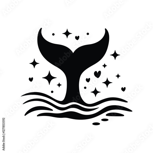 Whimsical whale tail silhouette with magical stars and hearts, black ocean fluke vector illustration, nautical sea animal tail fin icon, mystical marine life graphic for nursery decor eps