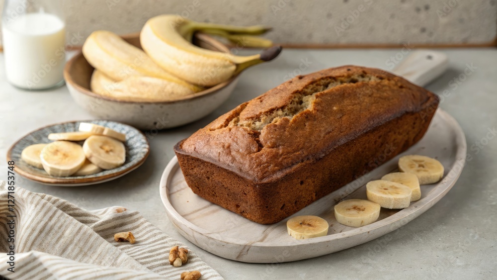 Warm banana bread loaf on a ceramic plate with a few fresh banana slices arranged around it, warm, plate, fruit, bread Warm banana bread loaf on a ceramic plate with a few fresh banana slices arranged around it, warm, plate, fruit, bread