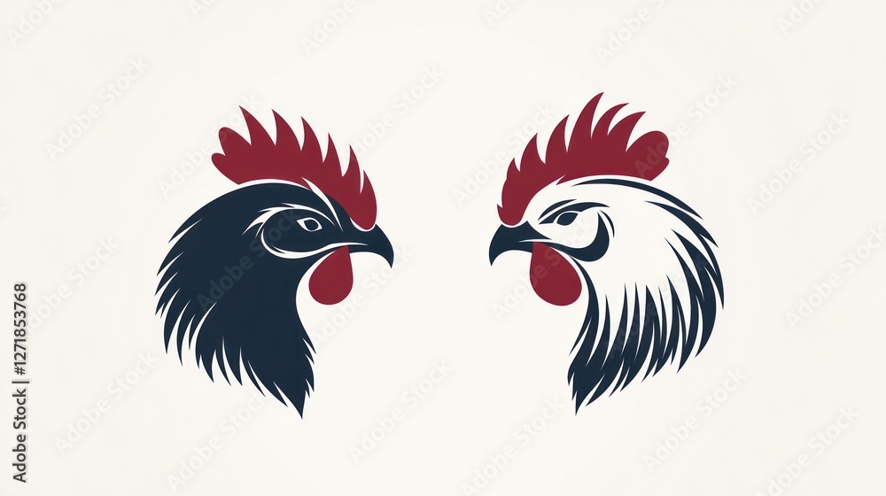 Fototapeta premium Rooster heads, contrasting black & white, farm, logo design, illustration, graphic