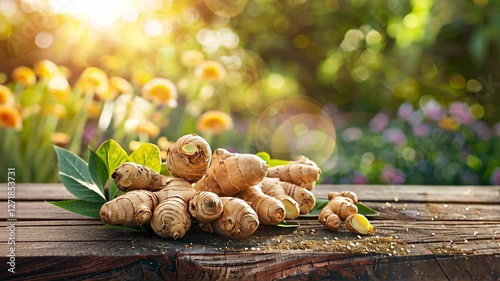 freshly picked ginger on the background of nature