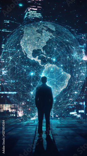 Businessman standing in front of America map and global network, concept of global business and communication