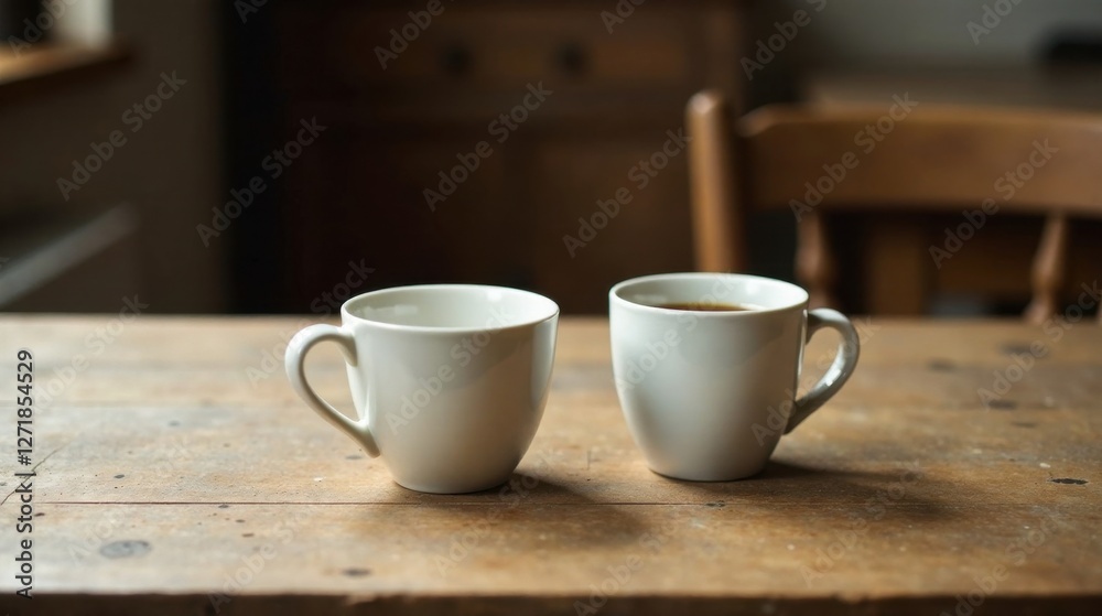 Two white ceramic mugs sit on a rustic wooden table, one filled with a dark beverage, the other empty, bathed in soft, natural light. Two white ceramic mugs sit on a rustic wooden table, one filled with a dark beverage, the other empty, bathed in soft, natural light.
