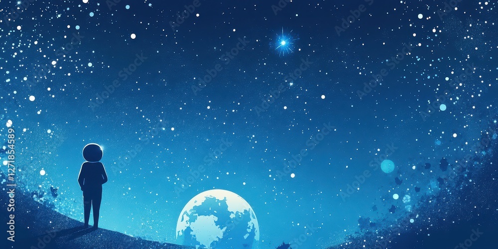 Person standing under a starry sky with a shining moon Person standing under a starry sky with a shining moon