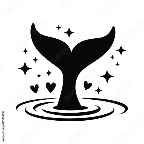 Whale tail silhouette with magical stars and hearts, black dolphin fluke icon in water ripples, nautical marine animal vector for vinyl cutting and t-shirt design, sea life graphic element.
