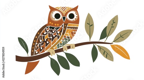 Ornate owl perched on branch, decorative design, autumn leaves, background art, for kids print photo