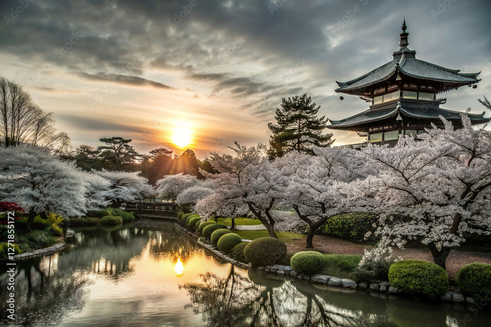 Obraz premium Sunrise over Japanese temple, cherry blossoms, tranquil garden