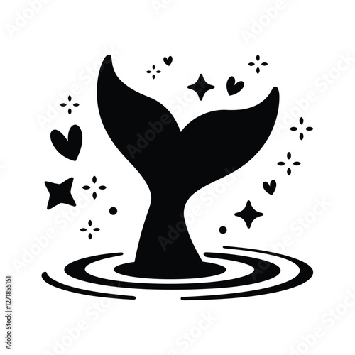 Minimalist whale tail silhouette vector icon with magical stars and hearts. Black whale fluke splashing in water ripples eps graphic. Nautical marine animal tail fin for logo and shirt print.